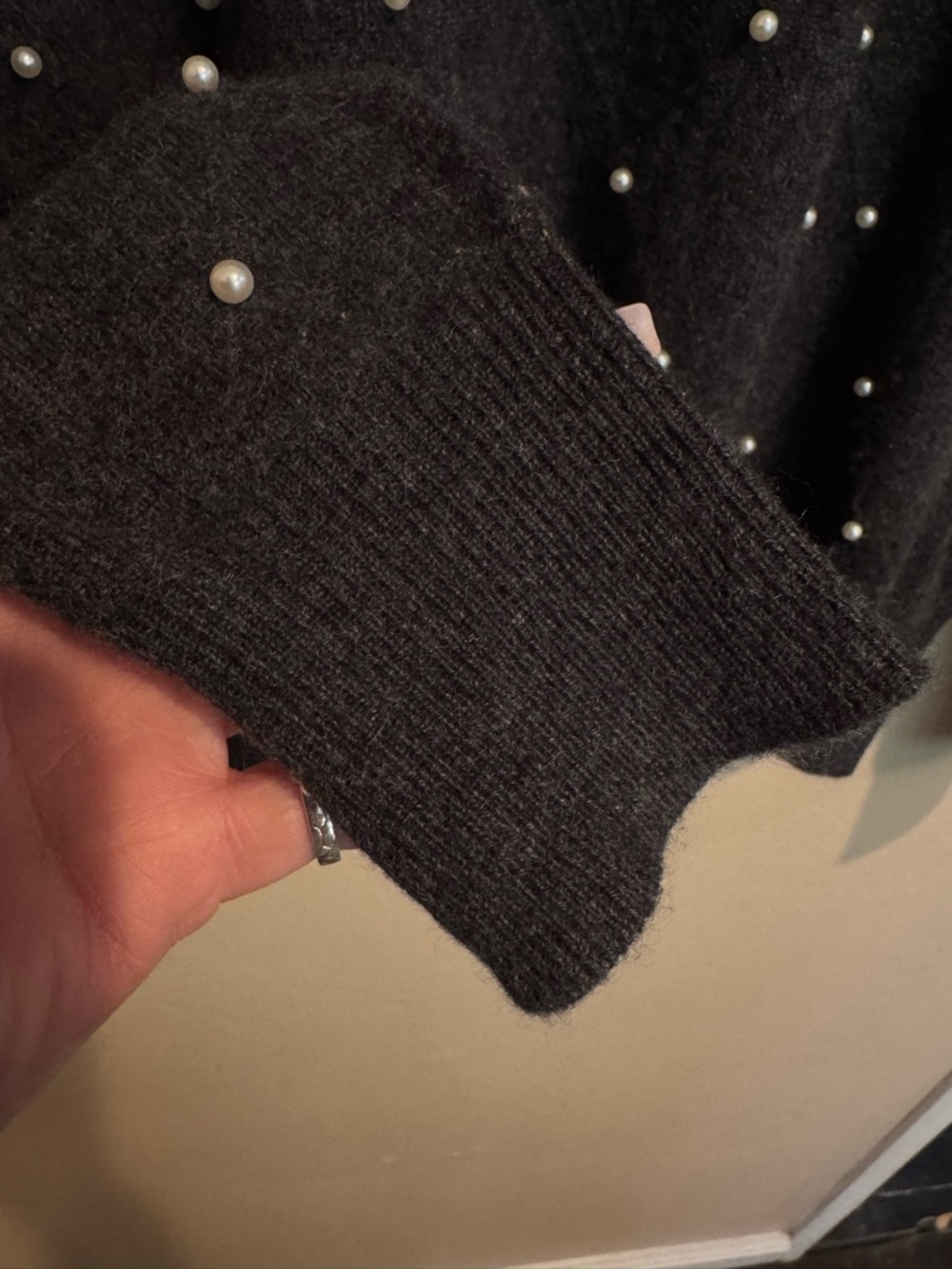 Neiman Marcus Vintage Cashmere Charcoal Pearl-Embellished Crewneck Sweater - Picture 9 of 9